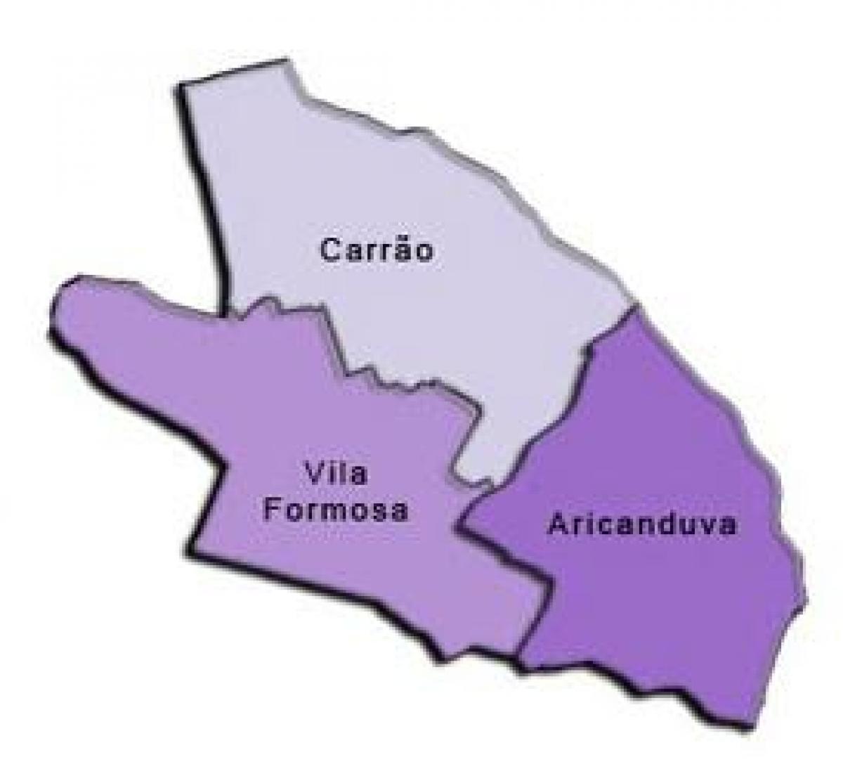 Karta över Aricanduva-Vila Formosa sub-prefekturen