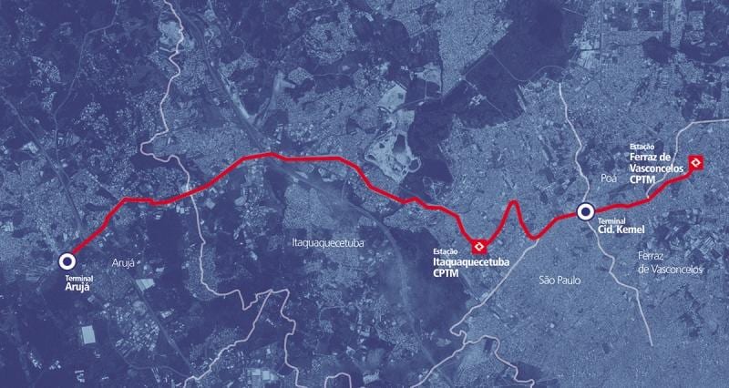 Karta över corredor BRT metropolitano Perimetral Alto Tietê