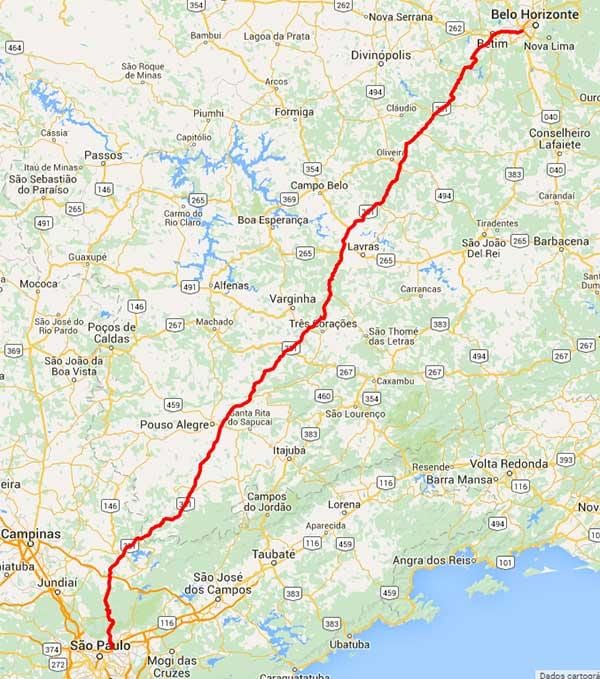 Karta över Fernão Dias highway - BR 381
