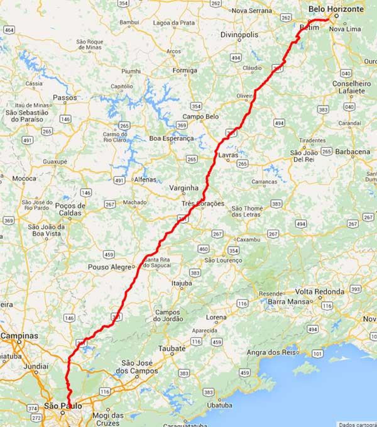 Karta över Fernão Dias highway - BR 381