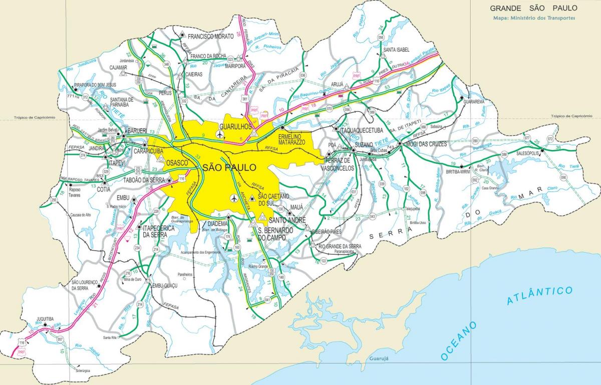 Karta över motorvägar utkanten av São Paulo